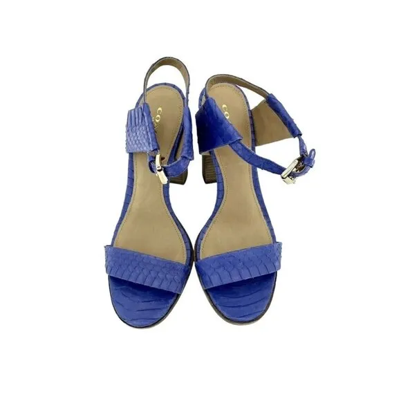 Coach Lexey Sandals Heels Cobalt Blue Snake Embossed Leather Block Heel SZ 8 NIB