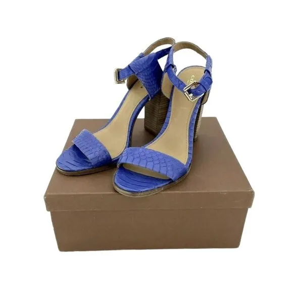 Coach Lexey Sandals Heels Cobalt Blue Snake Embossed Leather Block Heel SZ 8 NIB