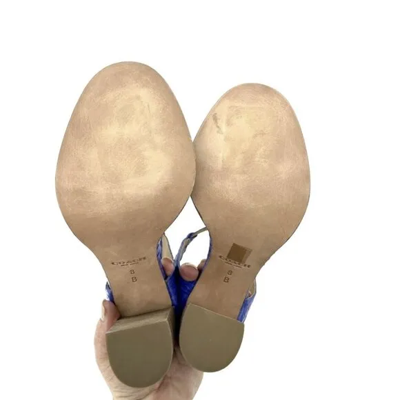 Coach Lexey Sandals Heels Cobalt Blue Snake Embossed Leather Block Heel SZ 8 NIB