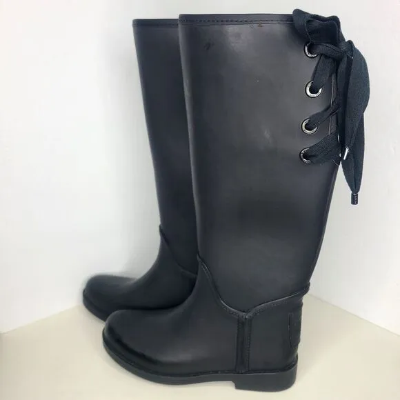 Coach‎ Tristee Matte Black Fleece Lined Lace-up Tall Rain Boots Women's Sz 6B