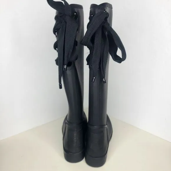 Coach‎ Tristee Matte Black Fleece Lined Lace-up Tall Rain Boots Women's Sz 6B