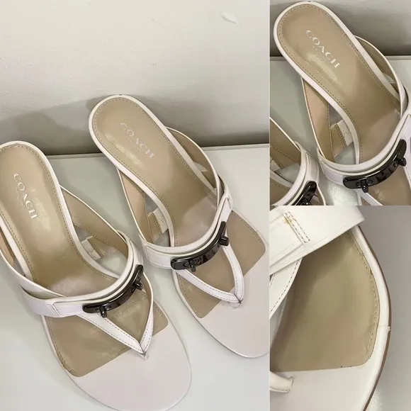 Coach Turnlock Leather Olina Matte White Thong Heel Dress Sandals Women’s 8.5