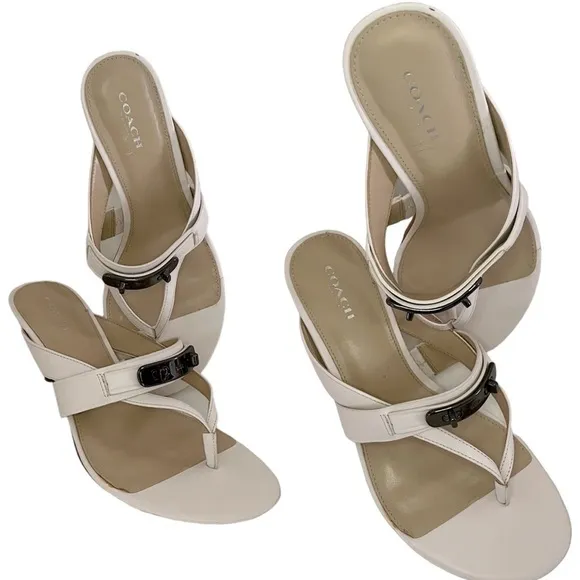 Coach Turnlock Leather Olina Matte White Thong Heel Dress Sandals Women’s 8.5
