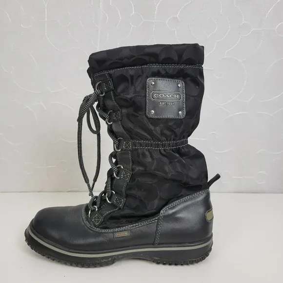 Coach Womens Boots Size 5.5 Shaine Black Signature Monogram Winter/Rain Fleece