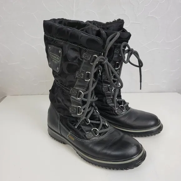 Coach Womens Boots Size 5.5 Shaine Black Signature Monogram Winter/Rain Fleece