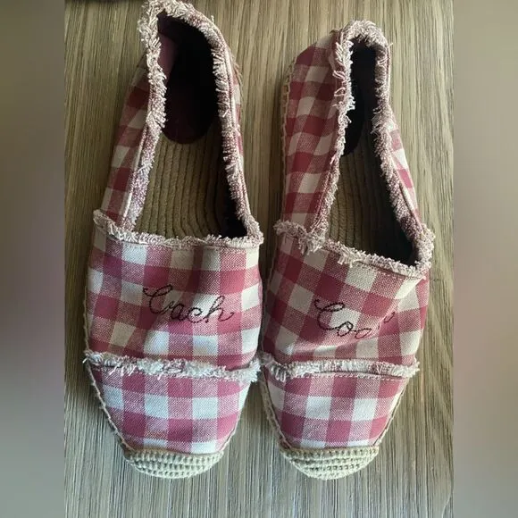 Coach Womens Sz 8.5  Celina Espadrilles Gingham plaid slip Pink Beige Original