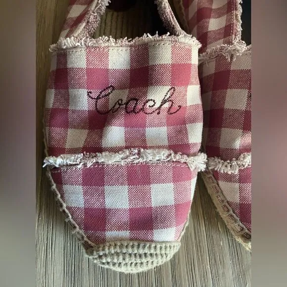 Coach Womens Sz 8.5  Celina Espadrilles Gingham plaid slip Pink Beige Original