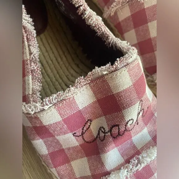 Coach Womens Sz 8.5  Celina Espadrilles Gingham plaid slip Pink Beige Original