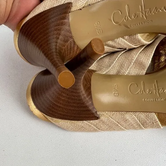 Cole Haan Gwen Air Womens Thong Heeled Sandals Natural Linen Buckle size 9.5