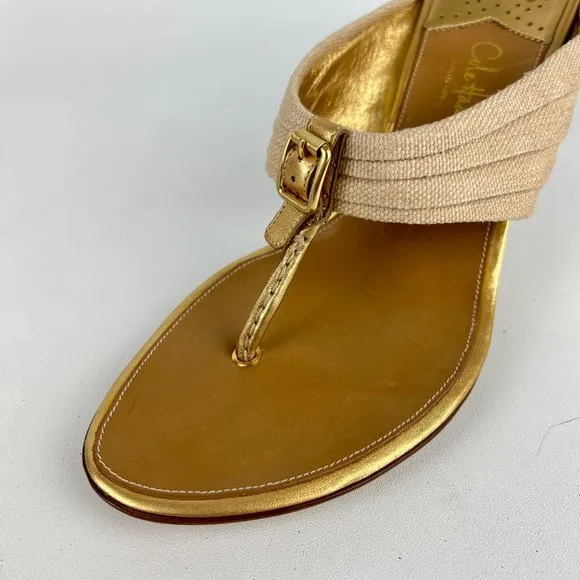 Cole Haan Gwen Air Womens Thong Heeled Sandals Natural Linen Buckle size 9.5