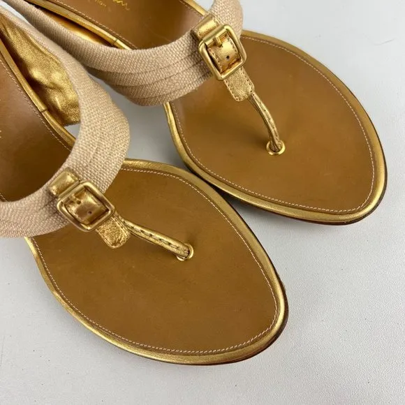 Cole Haan Gwen Air Womens Thong Heeled Sandals Natural Linen Buckle size 9.5