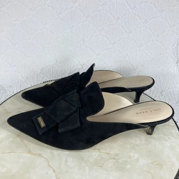 Cole Haan Ophelia Stiletto Heel Mules Womens 11 Black Suede Bow Classic Loafers