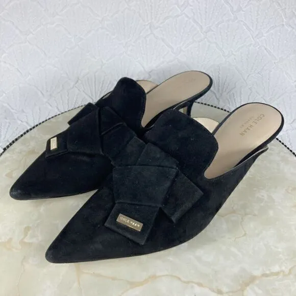 Cole Haan Ophelia Stiletto Heel Mules Womens 11 Black Suede Bow Classic Loafers