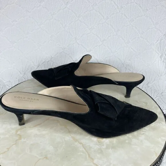 Cole Haan Ophelia Stiletto Heel Mules Womens 11 Black Suede Bow Classic Loafers