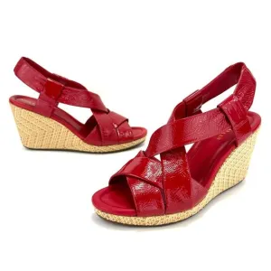 COLE HAAN RED PATENT LEATHER BEIGE JUTE WOVEN PLATFORM WEDGE SLING BACK SANDALS