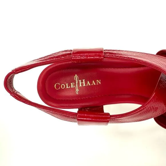 COLE HAAN RED PATENT LEATHER BEIGE JUTE WOVEN PLATFORM WEDGE SLING BACK SANDALS