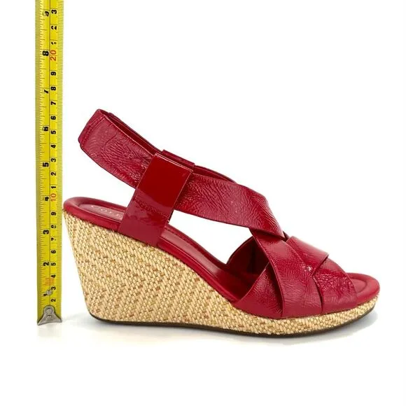 COLE HAAN RED PATENT LEATHER BEIGE JUTE WOVEN PLATFORM WEDGE SLING BACK SANDALS