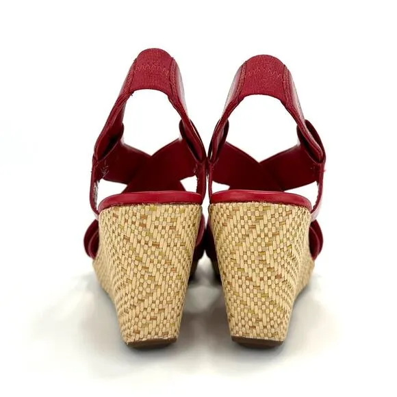 COLE HAAN RED PATENT LEATHER BEIGE JUTE WOVEN PLATFORM WEDGE SLING BACK SANDALS