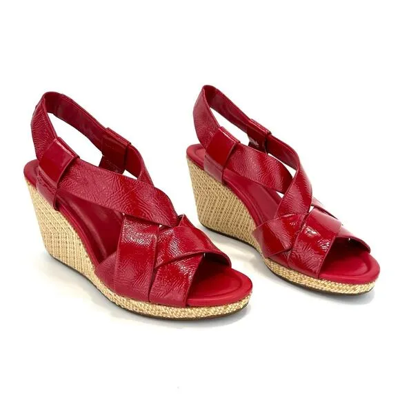 COLE HAAN RED PATENT LEATHER BEIGE JUTE WOVEN PLATFORM WEDGE SLING BACK SANDALS