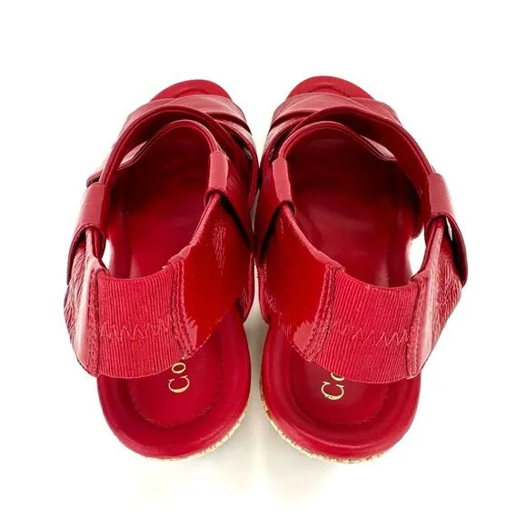 COLE HAAN RED PATENT LEATHER BEIGE JUTE WOVEN PLATFORM WEDGE SLING BACK SANDALS