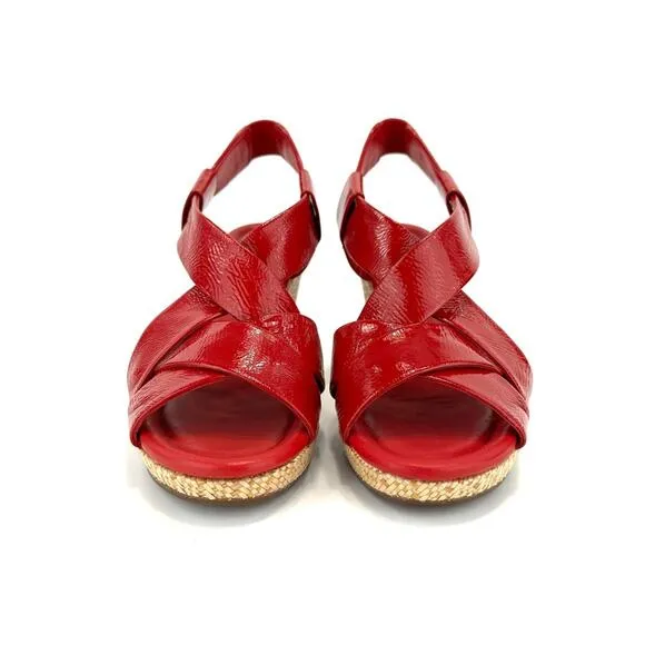 COLE HAAN RED PATENT LEATHER BEIGE JUTE WOVEN PLATFORM WEDGE SLING BACK SANDALS