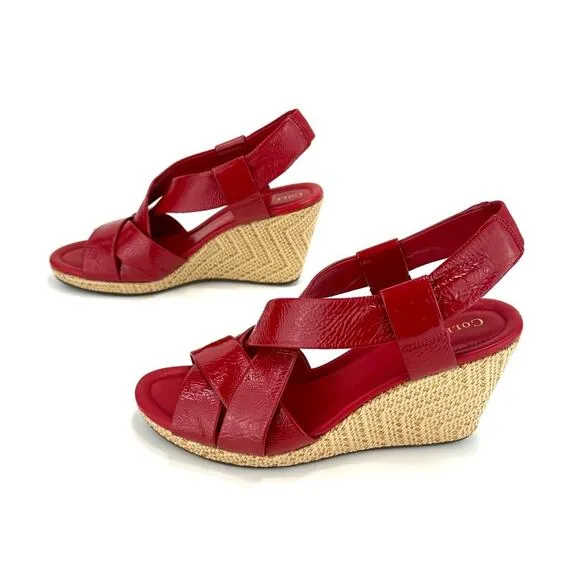 COLE HAAN RED PATENT LEATHER BEIGE JUTE WOVEN PLATFORM WEDGE SLING BACK SANDALS