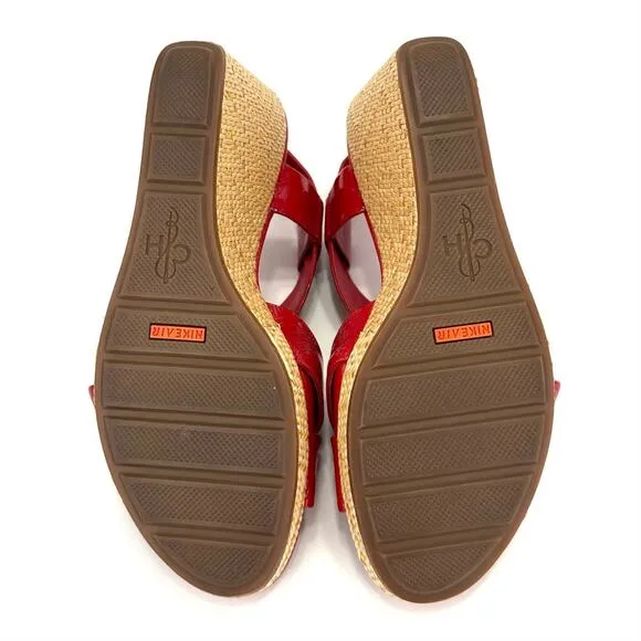 COLE HAAN RED PATENT LEATHER BEIGE JUTE WOVEN PLATFORM WEDGE SLING BACK SANDALS