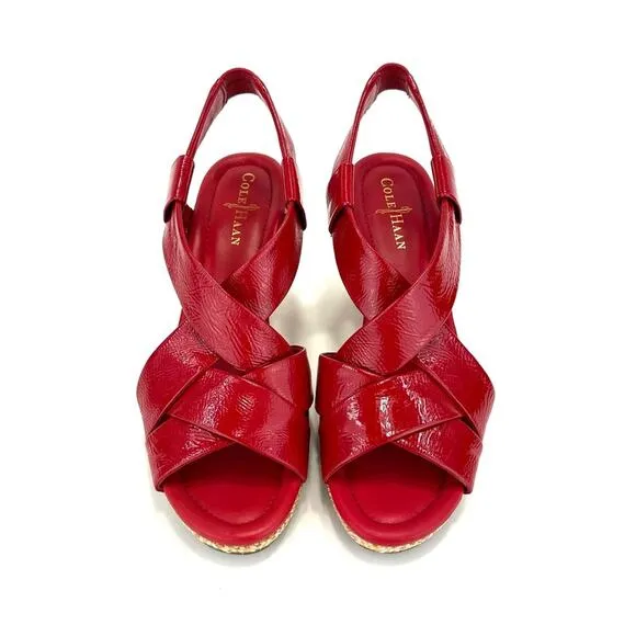 COLE HAAN RED PATENT LEATHER BEIGE JUTE WOVEN PLATFORM WEDGE SLING BACK SANDALS