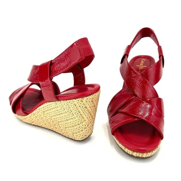 COLE HAAN RED PATENT LEATHER BEIGE JUTE WOVEN PLATFORM WEDGE SLING BACK SANDALS