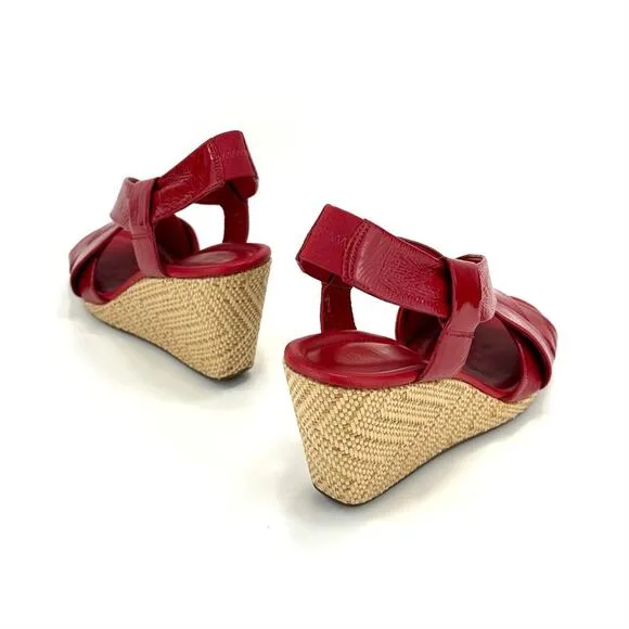 COLE HAAN RED PATENT LEATHER BEIGE JUTE WOVEN PLATFORM WEDGE SLING BACK SANDALS