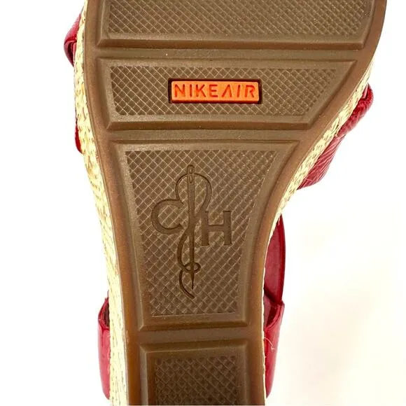 COLE HAAN RED PATENT LEATHER BEIGE JUTE WOVEN PLATFORM WEDGE SLING BACK SANDALS