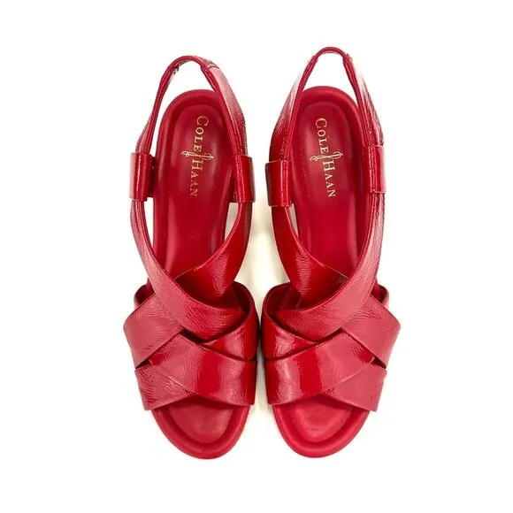 COLE HAAN RED PATENT LEATHER BEIGE JUTE WOVEN PLATFORM WEDGE SLING BACK SANDALS