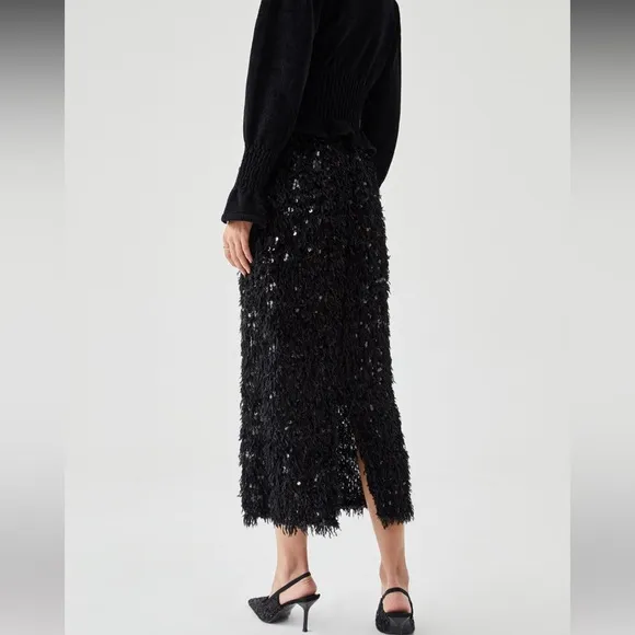 COMMENSE Black Faux Fur Fuzzy Feather Sequin Midi Skirt NWT