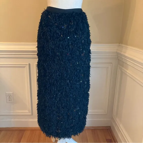COMMENSE Black Faux Fur Fuzzy Feather Sequin Midi Skirt NWT