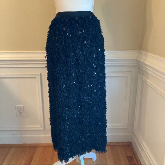 COMMENSE Black Faux Fur Fuzzy Feather Sequin Midi Skirt NWT