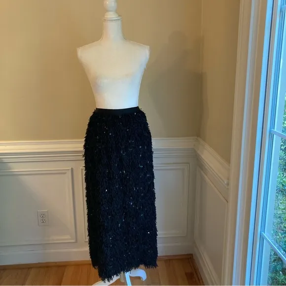 COMMENSE Black Faux Fur Fuzzy Feather Sequin Midi Skirt NWT