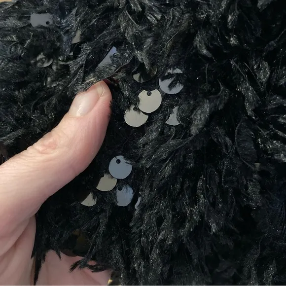 COMMENSE Black Faux Fur Fuzzy Feather Sequin Midi Skirt NWT