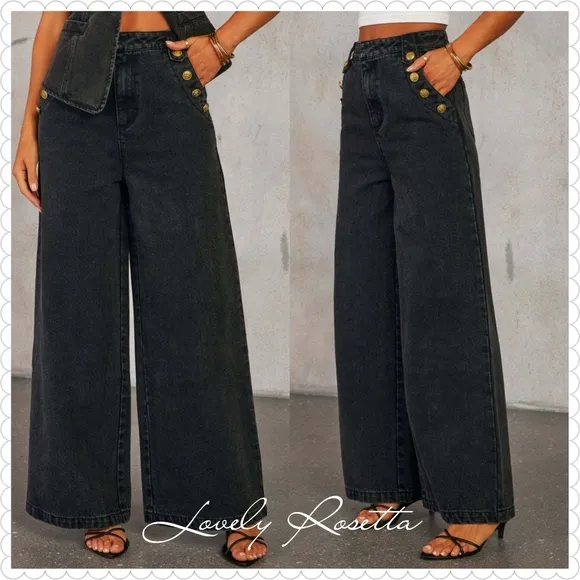 COPY - Classic Button Accent High Waist Wide Leg Jeans