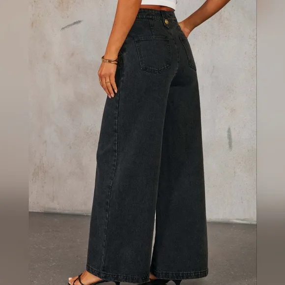 COPY - Classic Button Accent High Waist Wide Leg Jeans