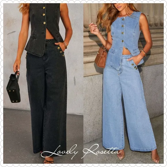 COPY - Classic Button Accent High Waist Wide Leg Jeans