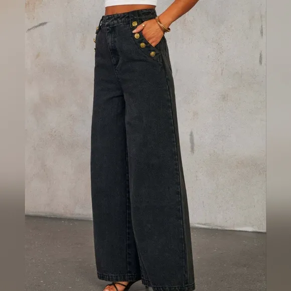 COPY - Classic Button Accent High Waist Wide Leg Jeans