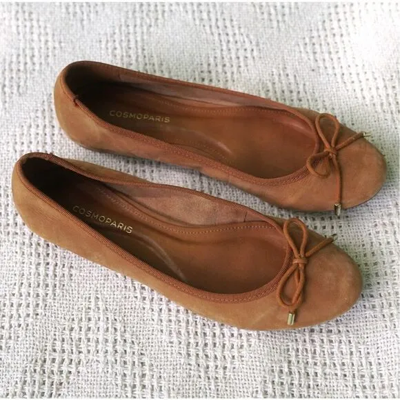 Cosmo Paris Camel Tan Suede Leather Ballet Flats