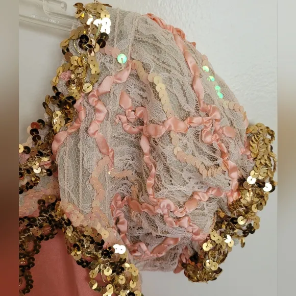 Couture Pageant Gold Peach  Sequined Lace Dance Dress Size Medium Girls