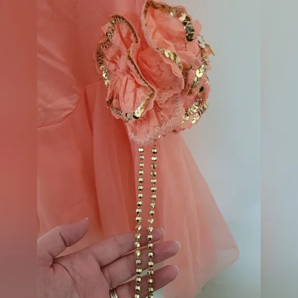 Couture Pageant Gold Peach  Sequined Lace Dance Dress Size Medium Girls