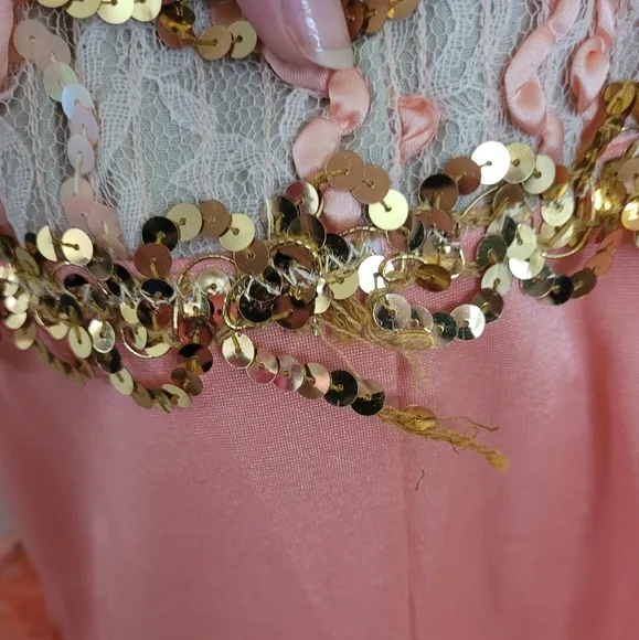 Couture Pageant Gold Peach  Sequined Lace Dance Dress Size Medium Girls