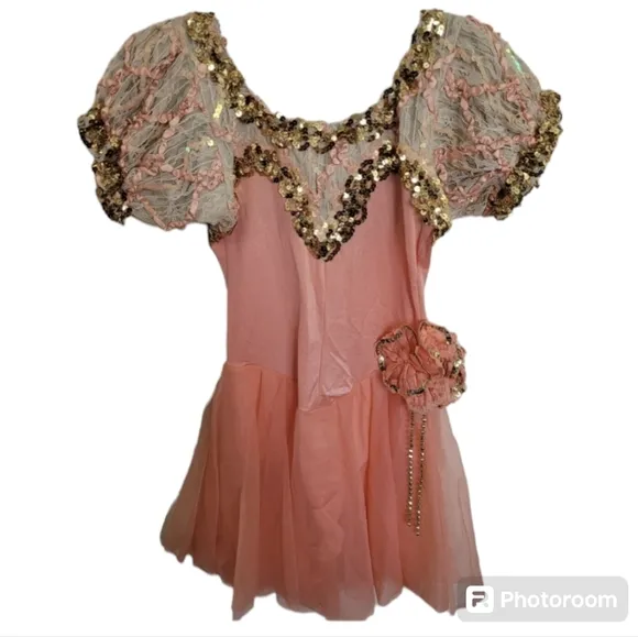 Couture Pageant Gold Peach  Sequined Lace Dance Dress Size Medium Girls