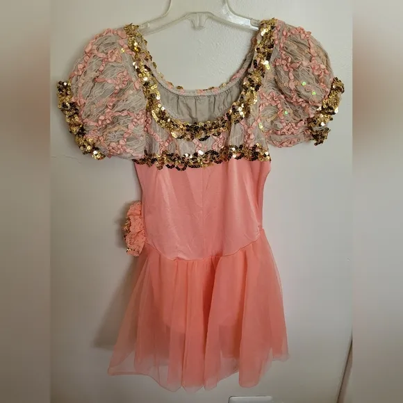 Couture Pageant Gold Peach  Sequined Lace Dance Dress Size Medium Girls