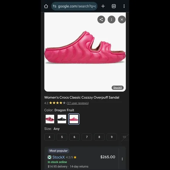 Crocs Cozzy Puffer Dragonfruit Pink Slide Sandals Women's SIZE 10