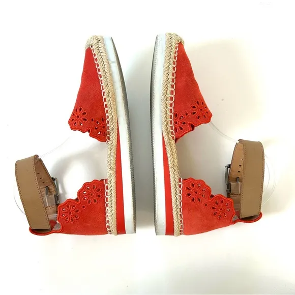 Crown Vintage Red Orange Leather Suede Eyelet Brixie Ankle Espadrille Sandals