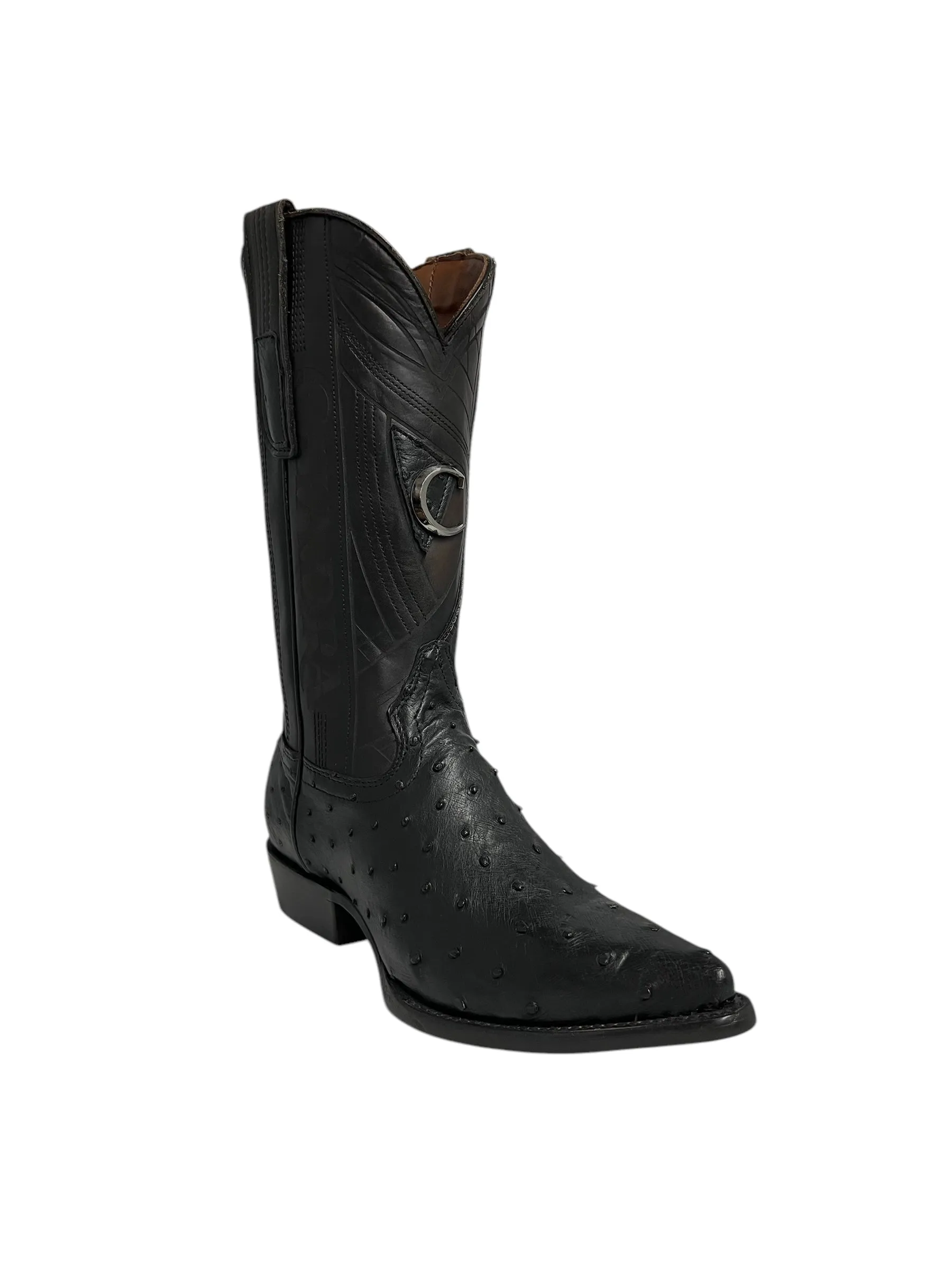 Cuadra Black Ostrich Laser & Embroidery Snipe Toe - CU807